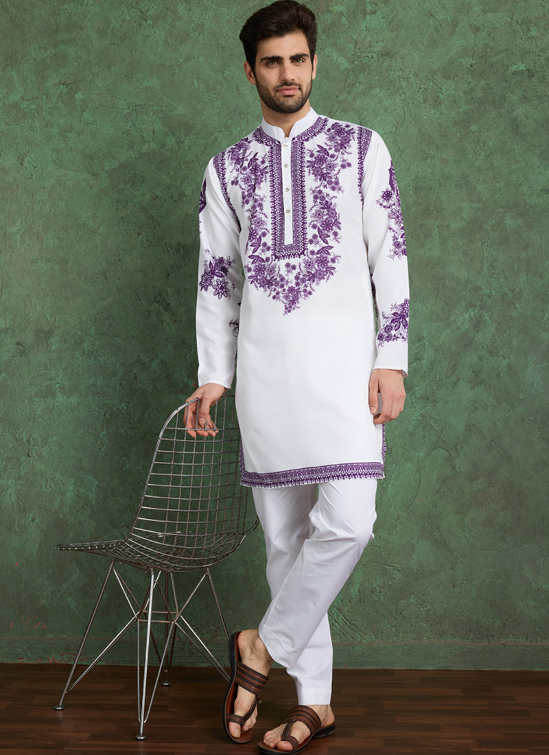 White And Purple Viscose Rayon Digital Print Designer Kurta White And Purple Viscose Rayon Digital Print Designer Kurta
