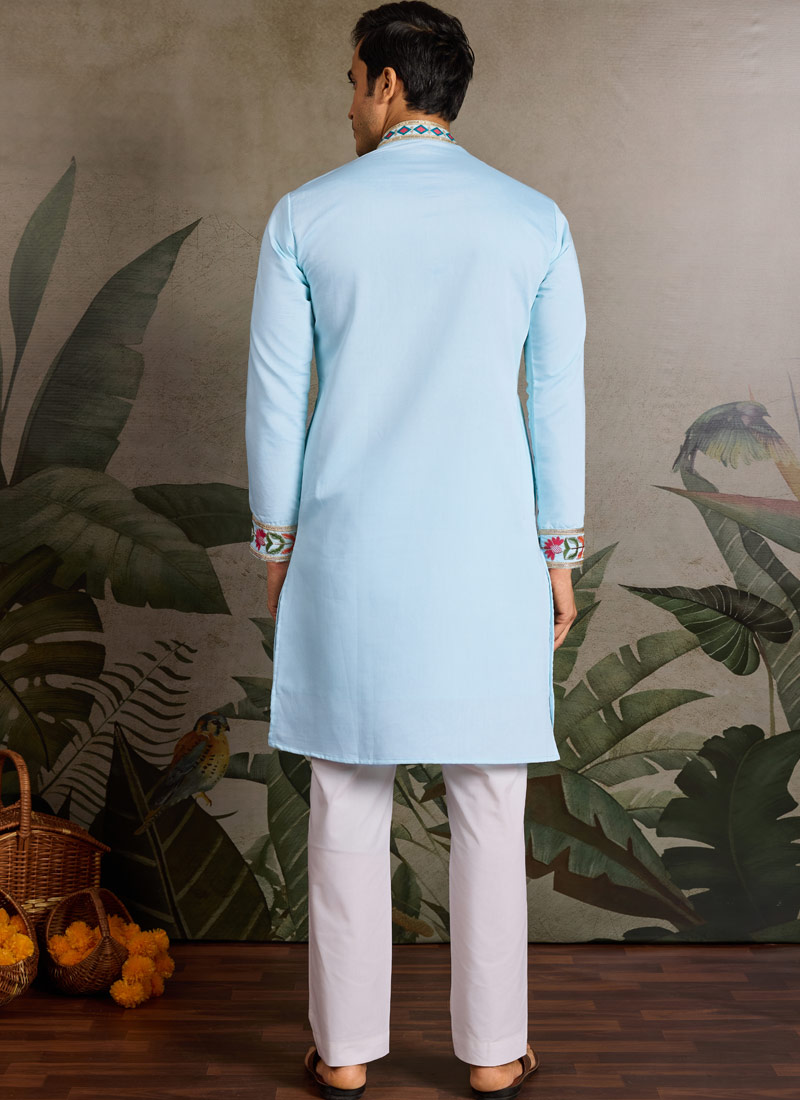 Sky Viscose Silk Thread Embroidered Navratri Mens Kurta Sky Viscose Silk Thread Embroidered Navratri Mens Kurta