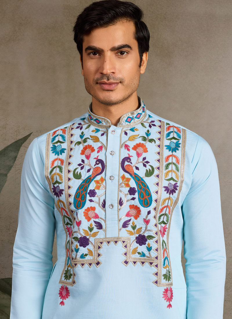 Sky Viscose Silk Thread Embroidered Navratri Mens Kurta Sky Viscose Silk Thread Embroidered Navratri Mens Kurta
