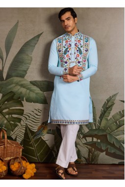 Sky Viscose Silk Thread Embroidered Navratri Mens Kurta