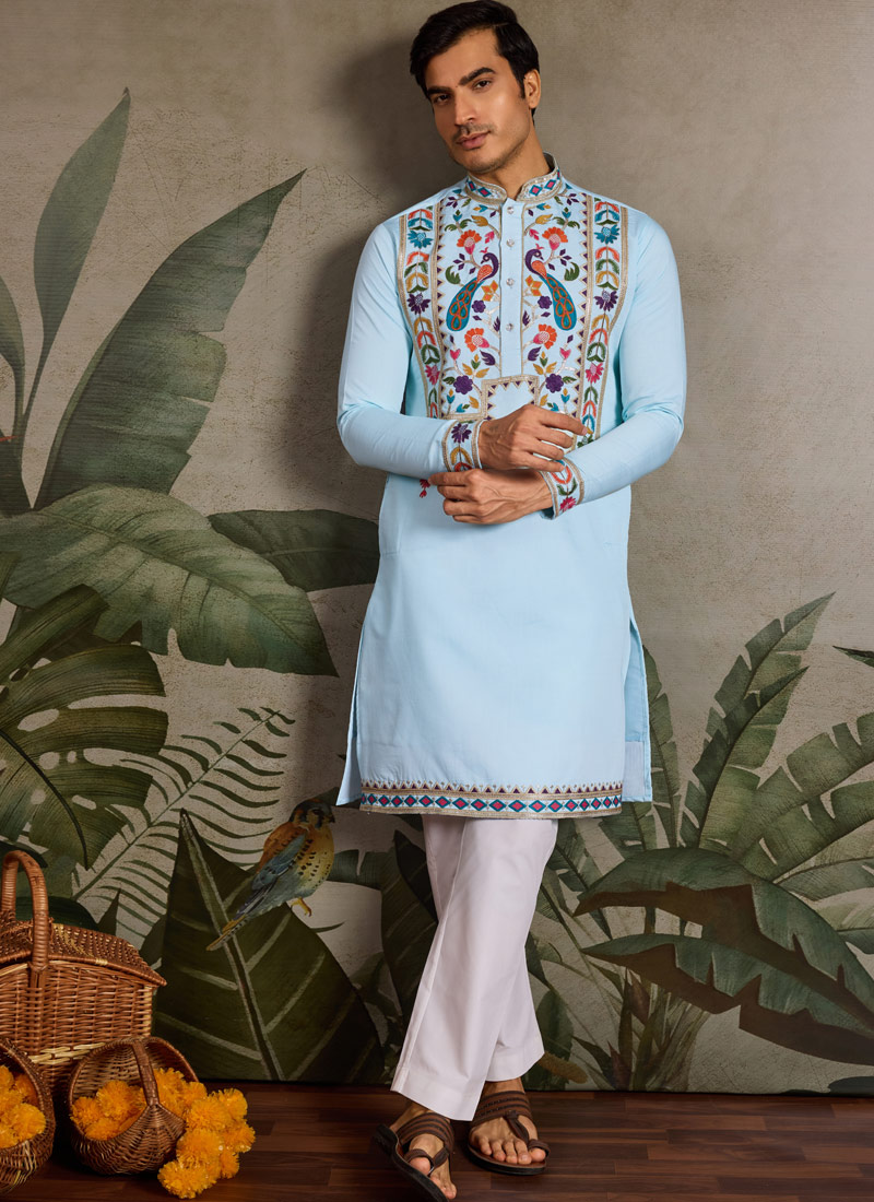 Sky Viscose Silk Thread Embroidered Navratri Mens Kurta Sky Viscose Silk Thread Embroidered Navratri Mens Kurta