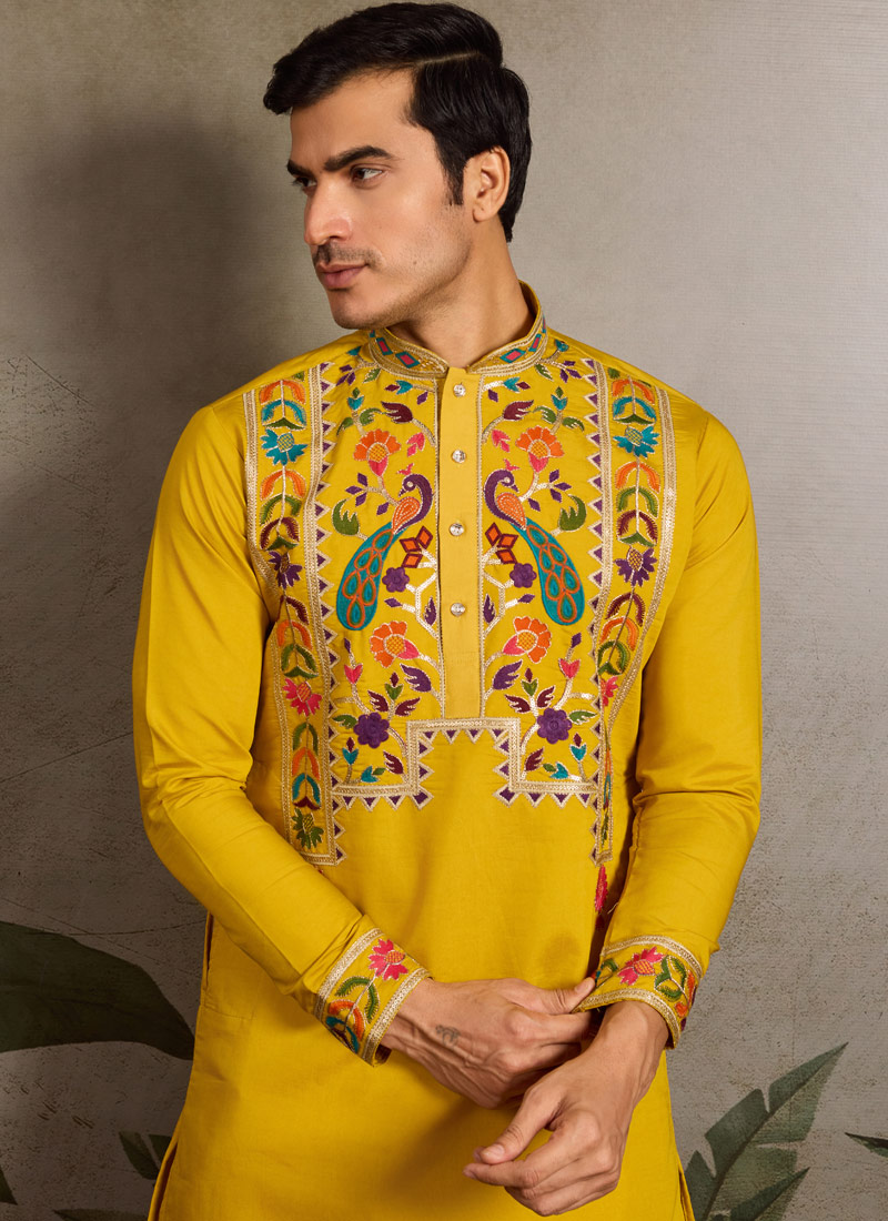 Yellow Viscose Silk Sequins Embroidered Navratri Mens Kurta Yellow Viscose Silk Sequins Embroidered Navratri Mens Kurta