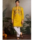 Yellow Viscose Silk Sequins Embroidered Navratri Mens Kurta Yellow Viscose Silk Sequins Embroidered Navratri Mens Kurta