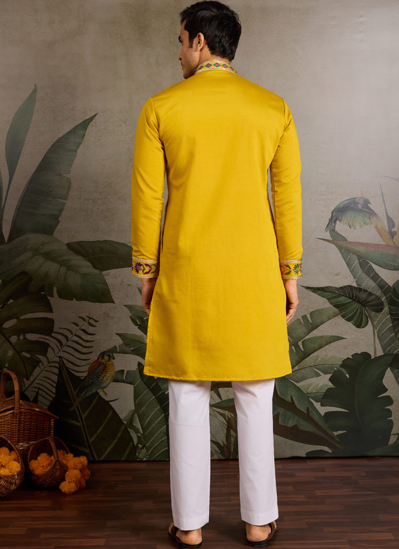 Yellow Viscose Silk Sequins Embroidered Navratri Mens Kurta Yellow Viscose Silk Sequins Embroidered Navratri Mens Kurta