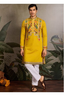 Yellow Viscose Silk Sequins Embroidered Navratri Mens Kurta