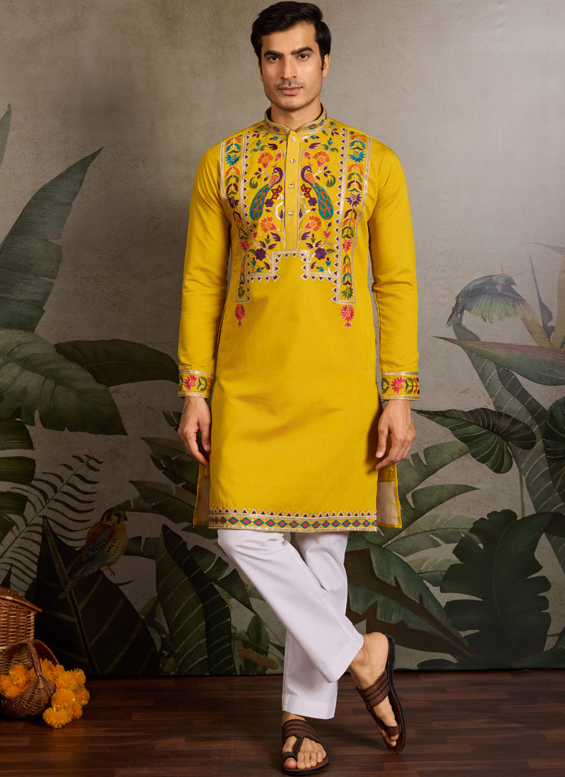 Yellow Viscose Silk Sequins Embroidered Navratri Mens Kurta Yellow Viscose Silk Sequins Embroidered Navratri Mens Kurta