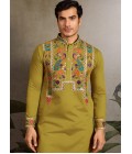 Fluorescent Green Viscose Silk Thread Embroidered Navratri Mens Kurta Fluorescent Green Viscose Silk Thread Embroidered Navratri Mens Kurta