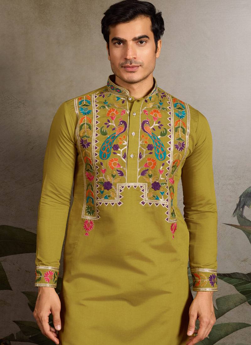 Fluorescent Green Viscose Silk Thread Embroidered Navratri Mens Kurta Fluorescent Green Viscose Silk Thread Embroidered Navratri Mens Kurta