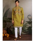 Fluorescent Green Viscose Silk Thread Embroidered Navratri Mens Kurta Fluorescent Green Viscose Silk Thread Embroidered Navratri Mens Kurta