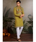 Fluorescent Green Viscose Silk Thread Embroidered Navratri Mens Kurta Fluorescent Green Viscose Silk Thread Embroidered Navratri Mens Kurta