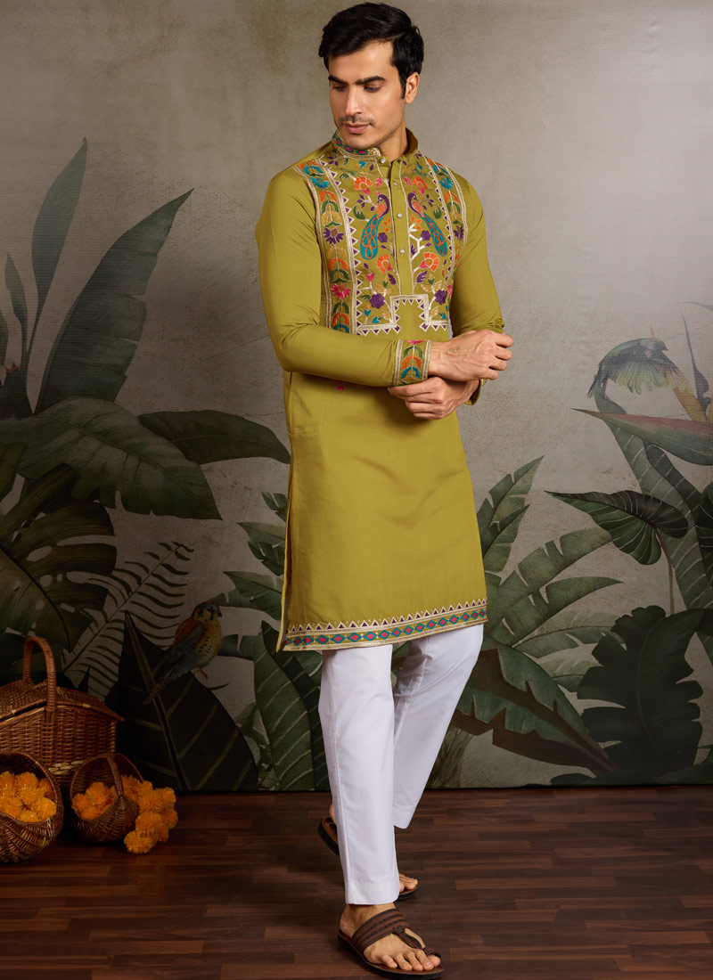 Fluorescent Green Viscose Silk Thread Embroidered Navratri Mens Kurta Fluorescent Green Viscose Silk Thread Embroidered Navratri Mens Kurta