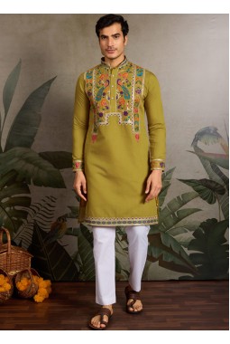 Fluorescent Green Viscose Silk Thread Embroidered Navratri Mens Kurta