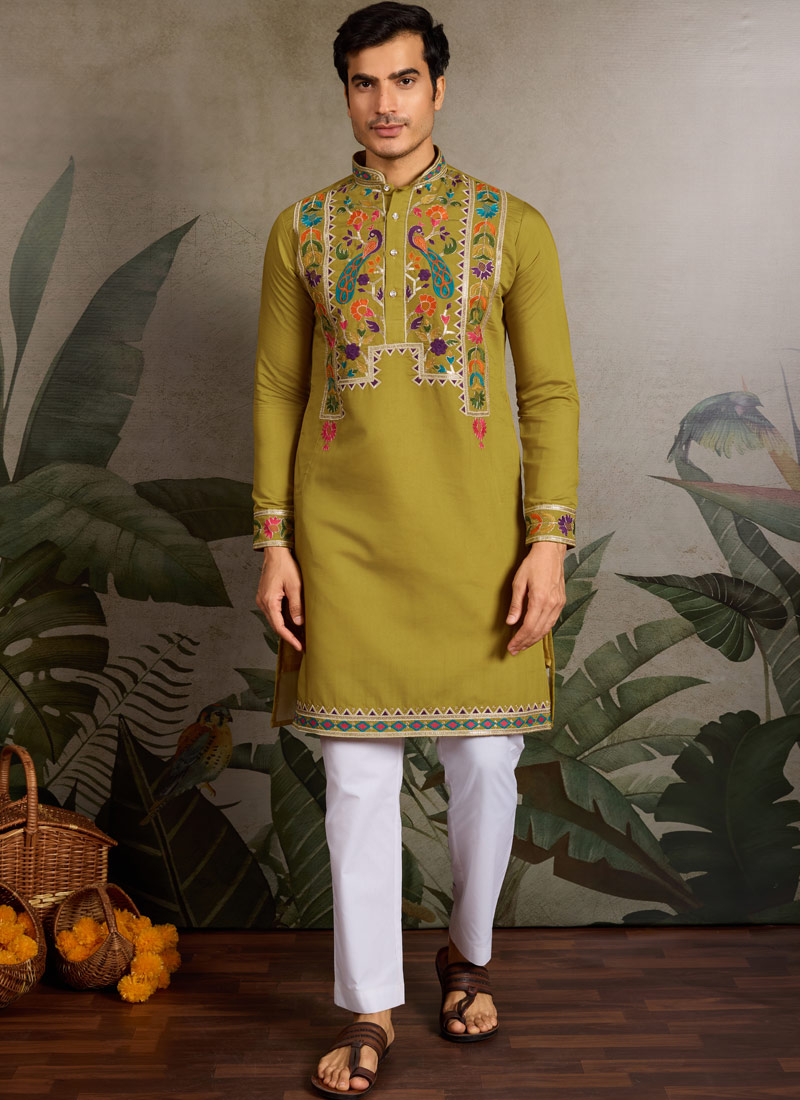 Fluorescent Green Viscose Silk Thread Embroidered Navratri Mens Kurta Fluorescent Green Viscose Silk Thread Embroidered Navratri Mens Kurta
