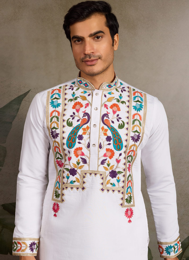 White Viscose Silk Sequins Embroidered Navratri Mens Kurta White Viscose Silk Sequins Embroidered Navratri Mens Kurta