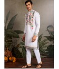 White Viscose Silk Sequins Embroidered Navratri Mens Kurta White Viscose Silk Sequins Embroidered Navratri Mens Kurta