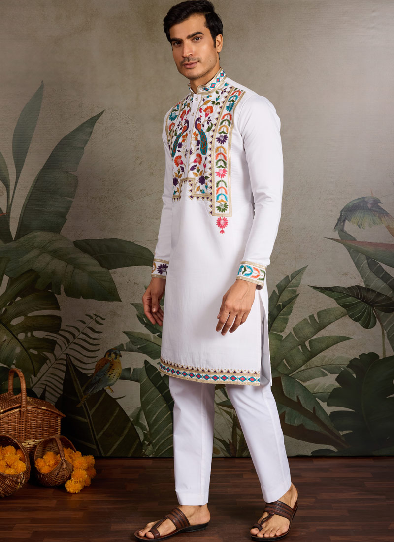 White Viscose Silk Sequins Embroidered Navratri Mens Kurta White Viscose Silk Sequins Embroidered Navratri Mens Kurta