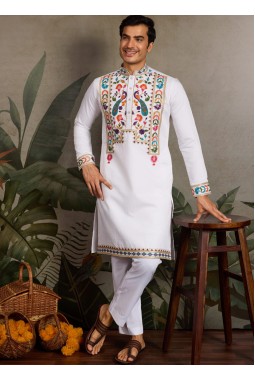 White Viscose Silk Sequins Embroidered Navratri Mens Kurta
