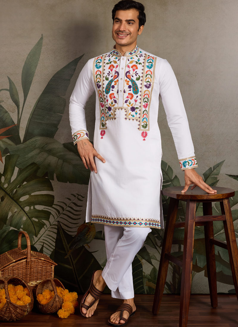 White Viscose Silk Sequins Embroidered Navratri Mens Kurta White Viscose Silk Sequins Embroidered Navratri Mens Kurta