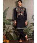Black Viscose Silk Thread Embroidered Navratri Mens Kurta