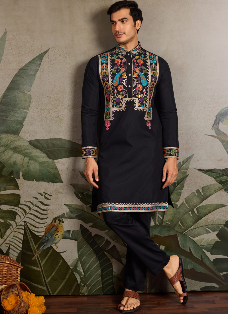 Black Viscose Silk Thread Embroidered Navratri Mens Kurta