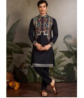 Black Viscose Silk Thread Embroidered Navratri Mens Kurta