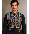 Black Viscose Silk Thread Embroidered Navratri Mens Kurta