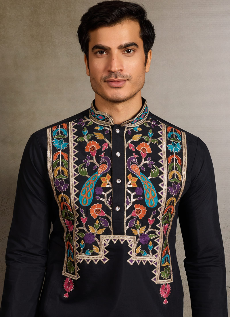 Black Viscose Silk Thread Embroidered Navratri Mens Kurta