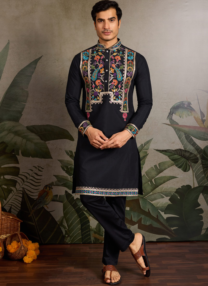 Black Viscose Silk Thread Embroidered Navratri Mens Kurta