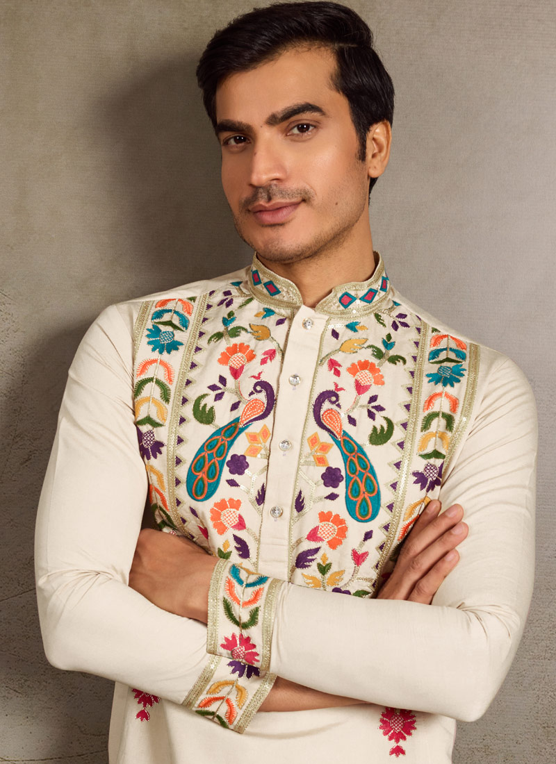 Beige Viscose Silk Sequins Embroidered Navratri Mens Kurta Beige Viscose Silk Sequins Embroidered Navratri Mens Kurta
