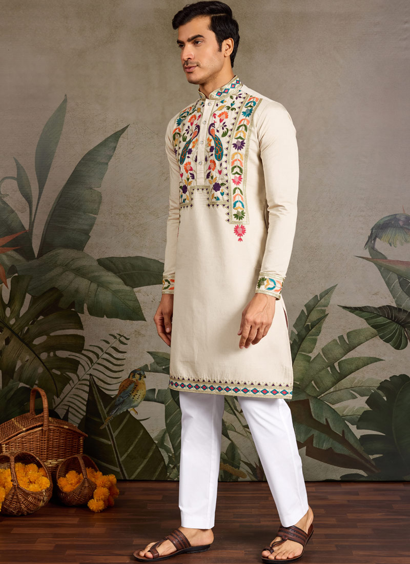 Beige Viscose Silk Sequins Embroidered Navratri Mens Kurta Beige Viscose Silk Sequins Embroidered Navratri Mens Kurta