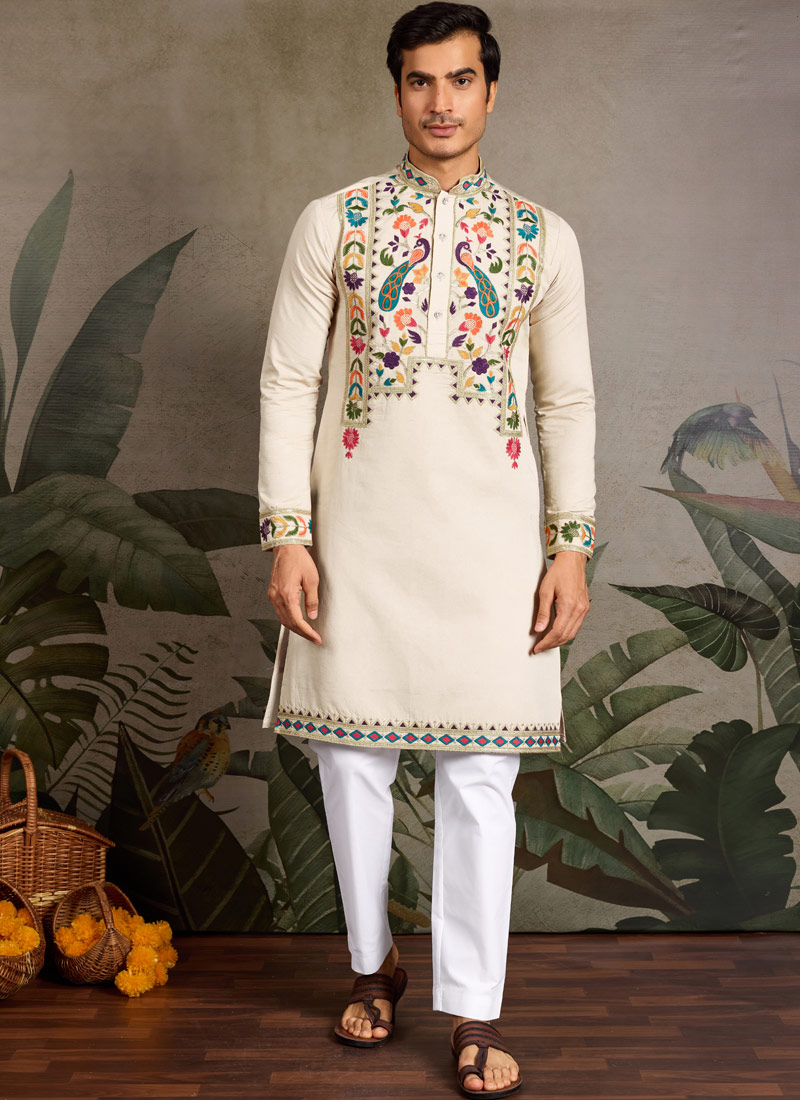 Beige Viscose Silk Sequins Embroidered Navratri Mens Kurta Beige Viscose Silk Sequins Embroidered Navratri Mens Kurta