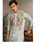 Pista Viscose Silk Thread Embroidered Navratri Mens Kurta Pista Viscose Silk Thread Embroidered Navratri Mens Kurta