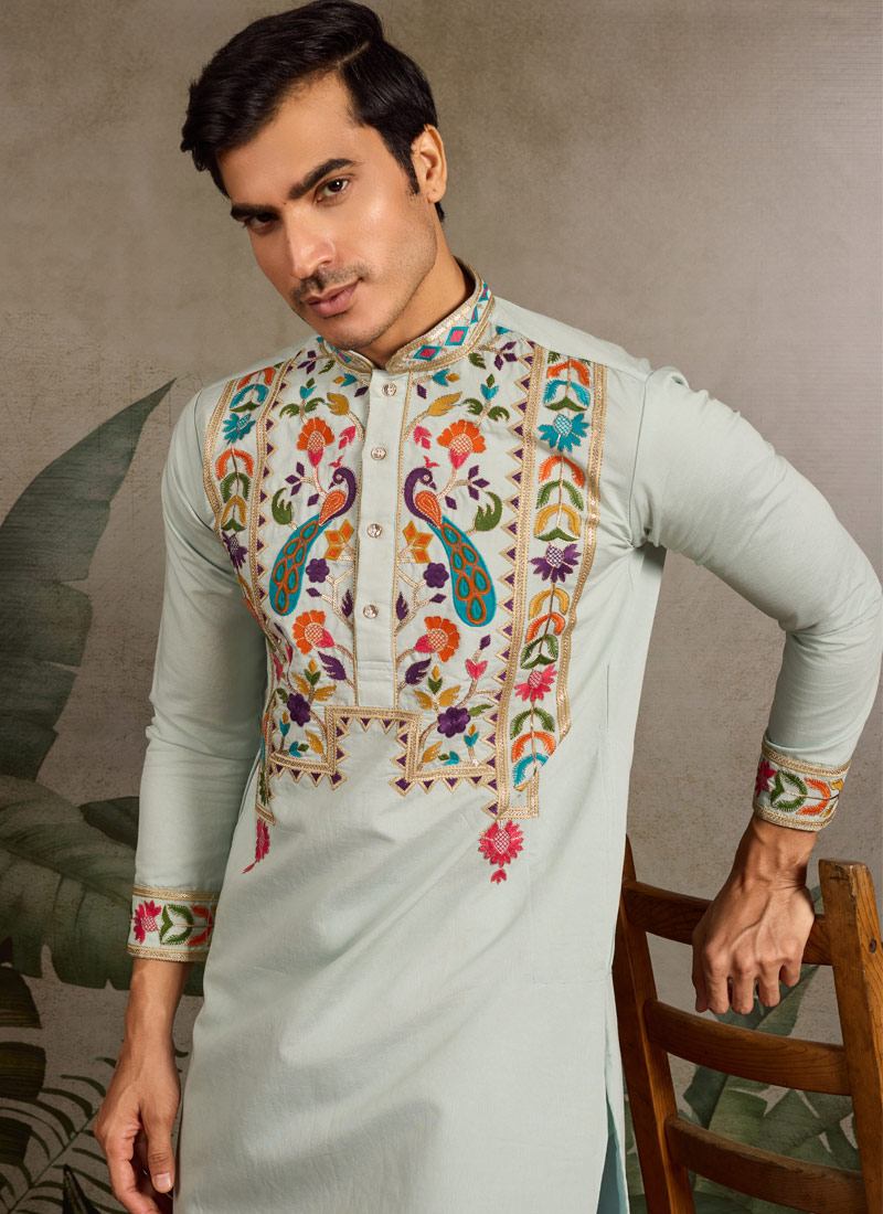 Pista Viscose Silk Thread Embroidered Navratri Mens Kurta Pista Viscose Silk Thread Embroidered Navratri Mens Kurta