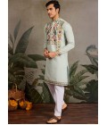 Pista Viscose Silk Thread Embroidered Navratri Mens Kurta Pista Viscose Silk Thread Embroidered Navratri Mens Kurta
