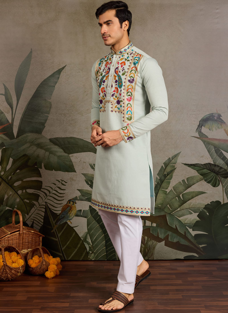 Pista Viscose Silk Thread Embroidered Navratri Mens Kurta Pista Viscose Silk Thread Embroidered Navratri Mens Kurta