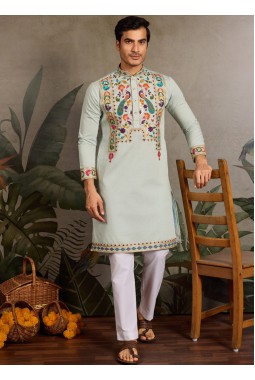 Pista Viscose Silk Thread Embroidered Navratri Mens Kurta