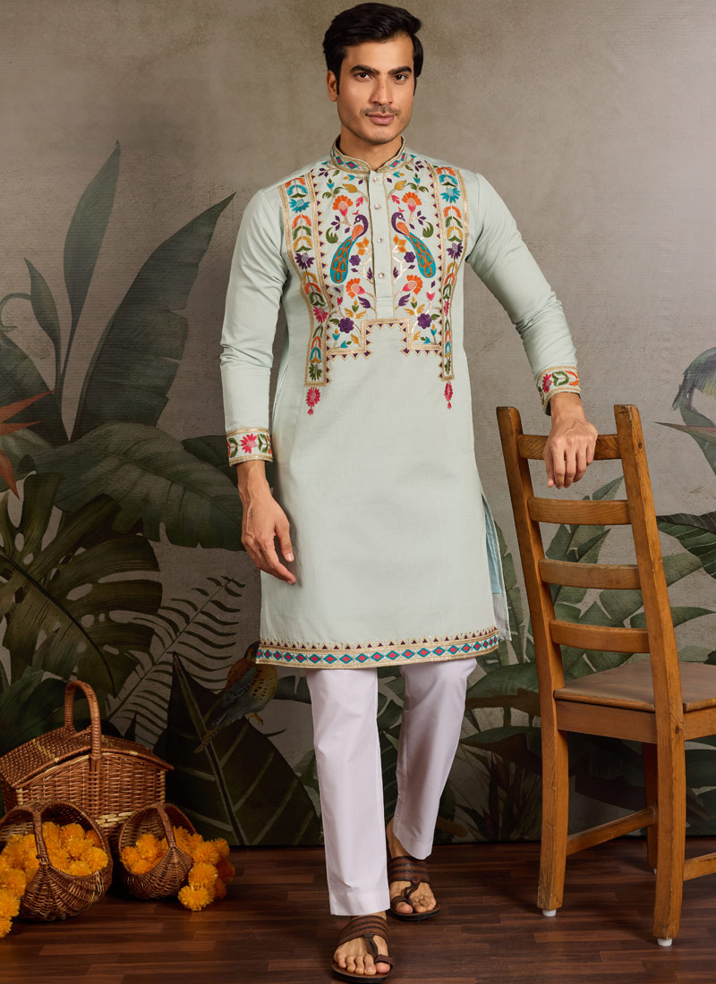 Pista Viscose Silk Thread Embroidered Navratri Mens Kurta Pista Viscose Silk Thread Embroidered Navratri Mens Kurta