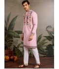 Pink Viscose Silk Sequins Embroidered Navratri Mens Kurta
