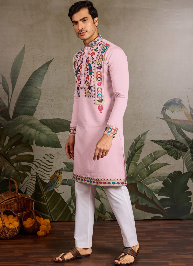 Pink Viscose Silk Sequins Embroidered Navratri Mens Kurta
