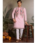 Pink Viscose Silk Sequins Embroidered Navratri Mens Kurta