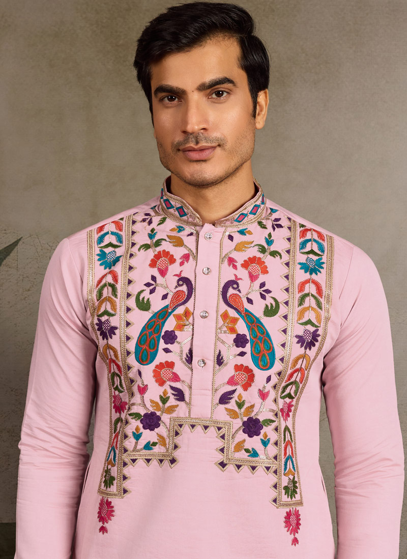 Pink Viscose Silk Sequins Embroidered Navratri Mens Kurta