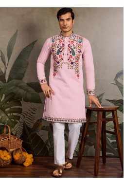 Pink Viscose Silk Sequins Embroidered Navratri Mens Kurta