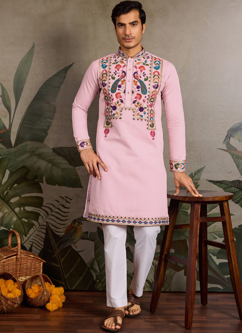 Pink Viscose Silk Sequins Embroidered Navratri Mens Kurta