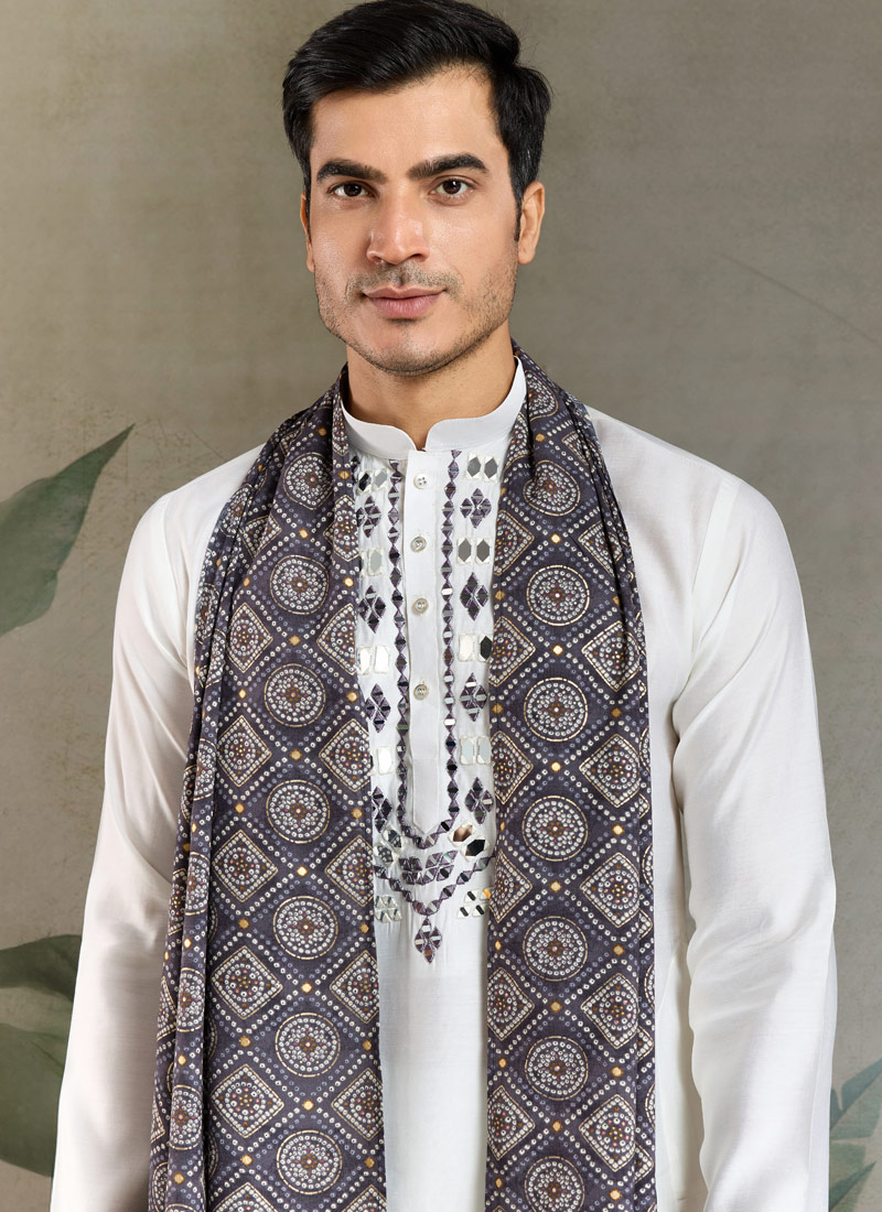 White Viscose Mirror Work Navratri Kurta With Dupatta White Viscose Mirror Work Navratri Kurta With Dupatta