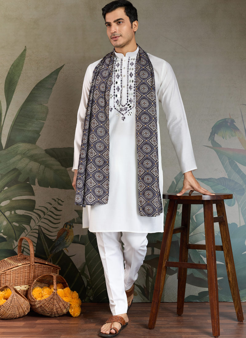 White Viscose Mirror Work Navratri Kurta With Dupatta White Viscose Mirror Work Navratri Kurta With Dupatta