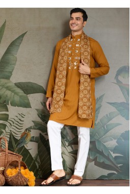 Mustard Viscose Zari Weaving Navratri Kurta With Dupatta