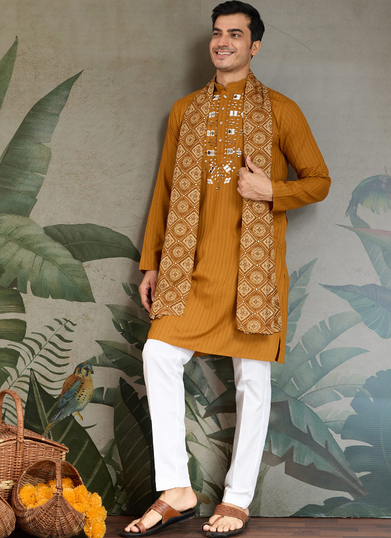 Mustard Viscose Zari Weaving Navratri Kurta With Dupatta Mustard Viscose Zari Weaving Navratri Kurta With Dupatta