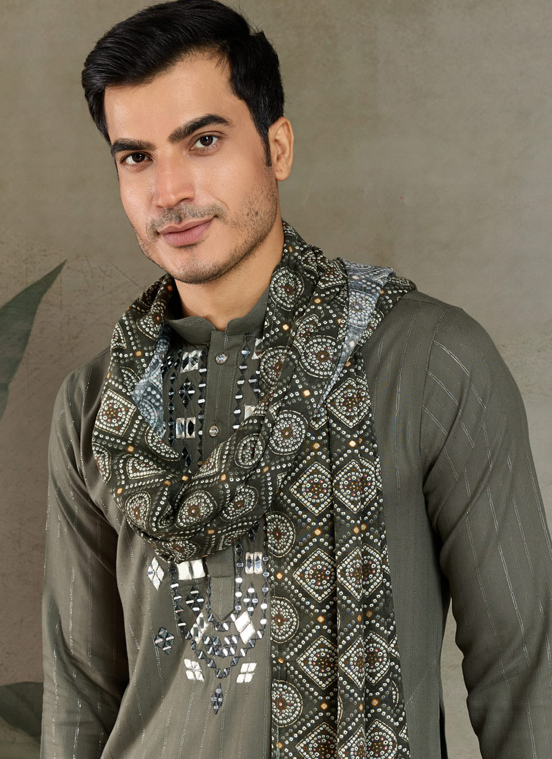 Olive Green Viscose Mirror Work Navratri Kurta With Dupatta Olive Green Viscose Mirror Work Navratri Kurta With Dupatta