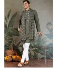 Olive Green Viscose Mirror Work Navratri Kurta With Dupatta Olive Green Viscose Mirror Work Navratri Kurta With Dupatta