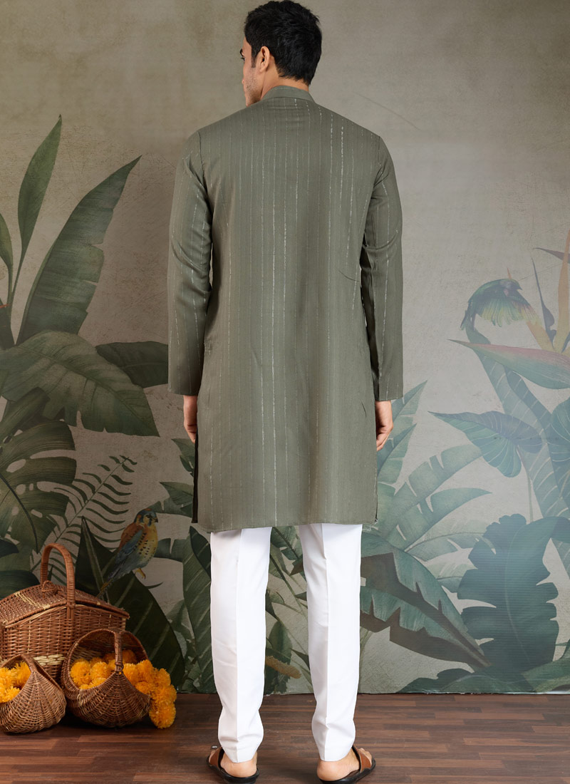 Olive Green Viscose Mirror Work Navratri Kurta With Dupatta Olive Green Viscose Mirror Work Navratri Kurta With Dupatta